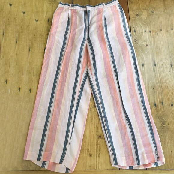 LOFT Linen Rayon Wide Leg Pants Striped M Pink Peach Gray - Picture 8 of 10